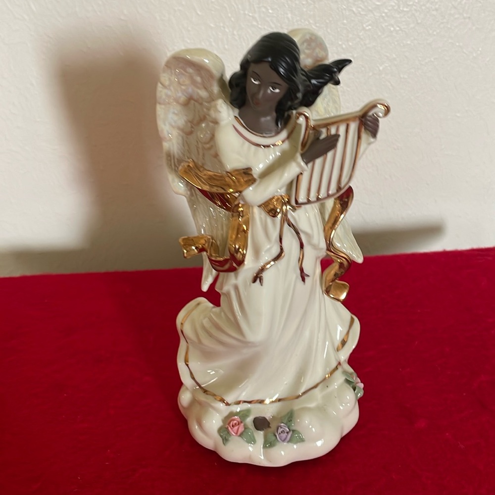 Vintage Sankyo Angel w/ Harp Music Box- Bisque Porcelain & Glossy-Glaze